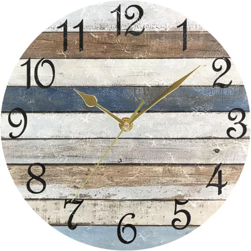 Vista 23 de Reloj de pared rústico retro con puerta de granero de madera, marrón, azul, funciona con pilas, silencioso, sin tictac, 10 pulgadas, reloj de mesa