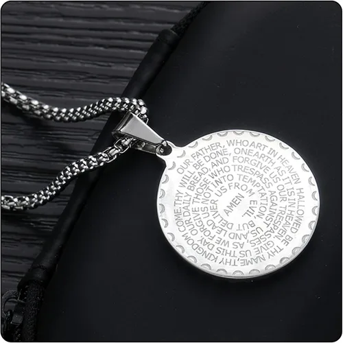 Vista 4 de Fusamk Collar de oración de mano de acero inoxidable de moda con colgante de medallón de oración del Señor