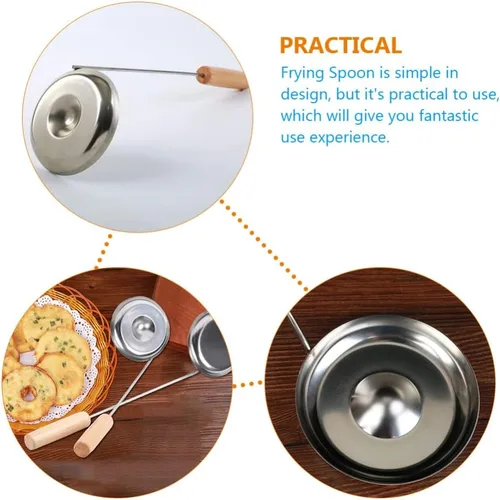 Vista 3 de Zerodeko Cuchara de freír colador cuchara de acero inoxidable mango de madera hogar cocina snack molde herramienta estilo aleatorio