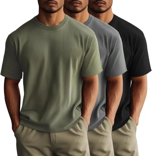 Vista 10 de Huukeay Paquete de 3 camisetas para hombre, cuello redondo, manga corta, de punto acanalado, camisetas casuales elegantes
