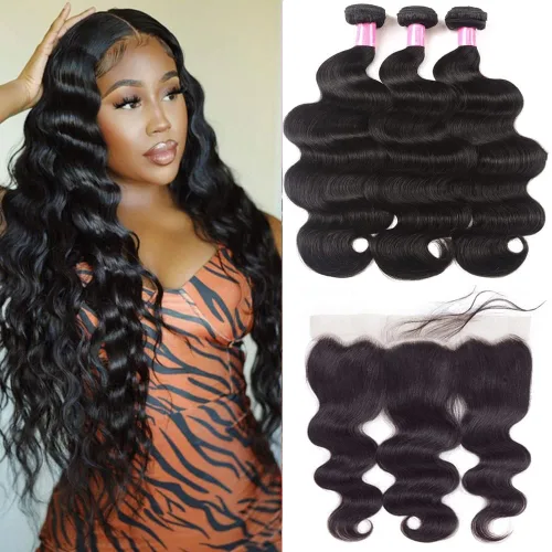 Vista 20 de Paquetes de Ondas Corporales con Cierre para Mujeres Negras (10 12 14+10) 100% Cabello Humano Brasileño de Ondas Corporales Sin Procesar 3 Paquetes
