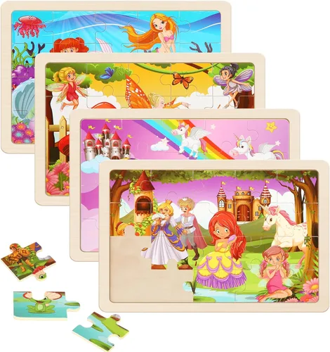Vista 11 de Rompecabezas de madera para niños de 3 a 5 años, juego de 4 paquetes con 20 piezas de granja, rompecabezas de madera con temática de animales