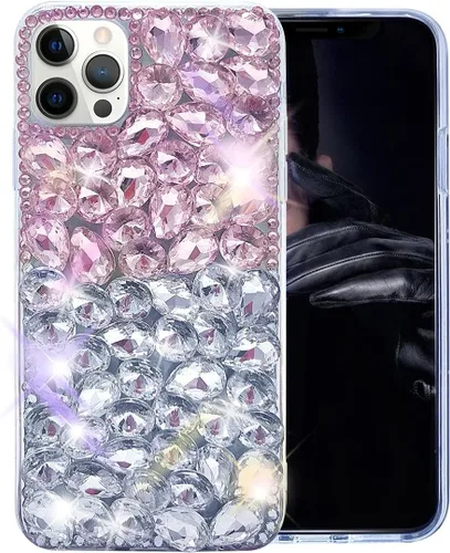 Vista 15 de Funda de lujo con pedrería para iPhone 15, funda de teléfono con purpurina 3D brillante y diamantes, color negro