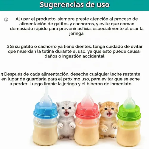 Vista 5 de Juego de biberón y jeringa para mascotas para cachorros y gatitos (1 botella, 2 jeringas, 6 pezones), azul