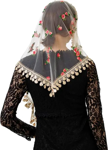 Vista 5 de PAMOR Triángulo pequeña flor capilla velos bordados bufanda mantón latino masa cabeza cubierta Mantilla velo para iglesia