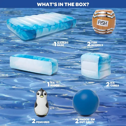 Vista 5 de Stack 'n Splash - Juego de piscina de pingüinos, juguete flotante para objetivo, construirlo, golpéalo, derriba. Juego de 10 piezas con 2 bolas