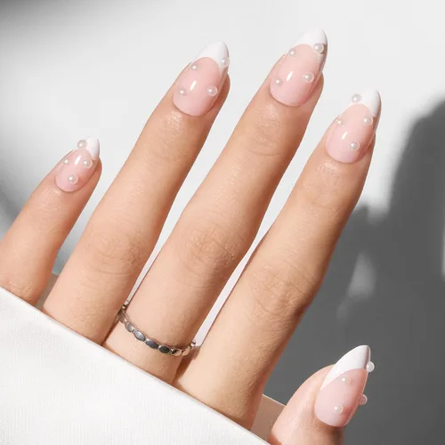Vista 28 de Modelones Uñas postizas a presión con punta francesa de almendra, uñas postizas cortas de almendra para mujer, kit de uñas reutilizables