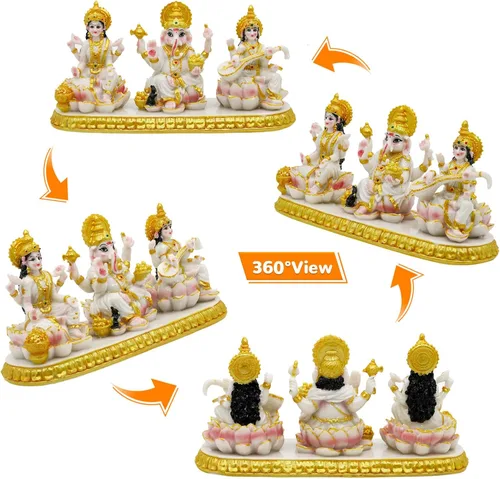 Vista 7 de Estatua india de Ganesha Lakshmi Saraswati – 3.9 pulgadas de alto Dios hindú Ganpati Laxmi para decoración de tablero de automóvil, India Murti
