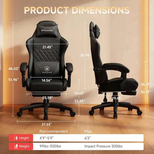 Vista 2 de GTPLAYER Gaming Chair, High Back Leather Computer Gaming Chair with Footrest, Ergonomic Height Adjustable Office Chair with Removable Cover and