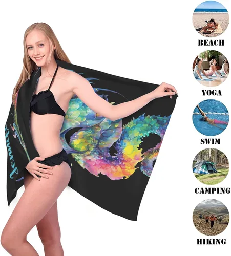 Vista 3 de Toalla de playa personalizada de dragón de acuarela negra con nombre, toallas de baño para deporte, béisbol, baloncesto, regalo, 30 x 60 pulgadas, 2
