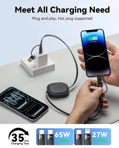 Vista 2 de Cable de carga múltiple, paquete de 2 cables de carga Lightning 5 en 1 retráctiles de 60 W, USB C a USB C, carga rápida, múltiples cables USBC