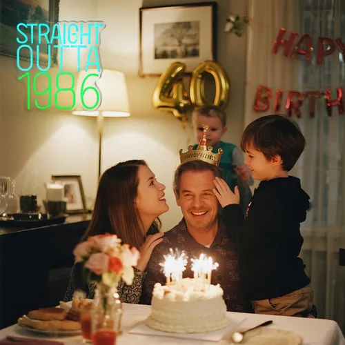 Vista 7 de Straight Outta - Letreros de neón de 1986 con texto en inglés "Happy Birthday", lámpara brillante para 40 años, 40 años, luces de neón retro