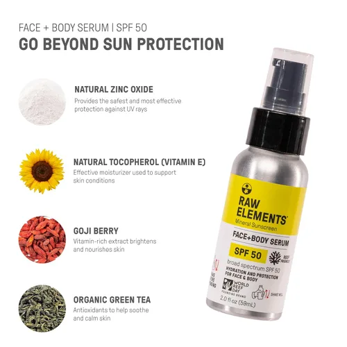 Vista 4 de Raw Elements Face + Body Serum SPF 50 Protector solar mineral totalmente natural, 2 onzas All-natural mineral sunscreen with broad-spectrum