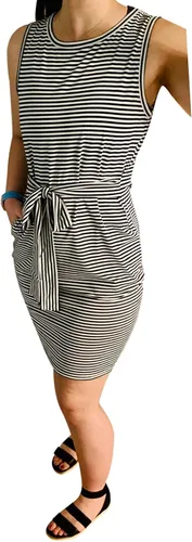 Vista 3 de IFFEI Mommy and Me - Vestidos de verano para mujer, sin mangas, a rayas, vestido casual con lazo en la cintura, mini vestidos familiares a juego