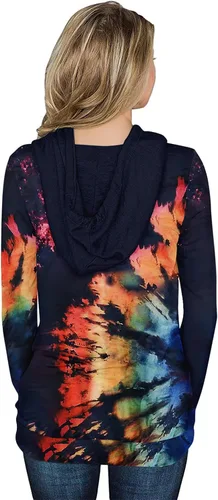 Vista 3 de MODARANI - Sudadera con capucha para mujer, estilo casual, con bolsillos tipo canguro, estampado floral, teñido anudado