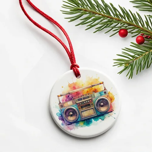 Vista 6 de Retro Boom Box Radio Cassette Player Acuarela Redondo Cerámica Navidad Árbol Ornamento
