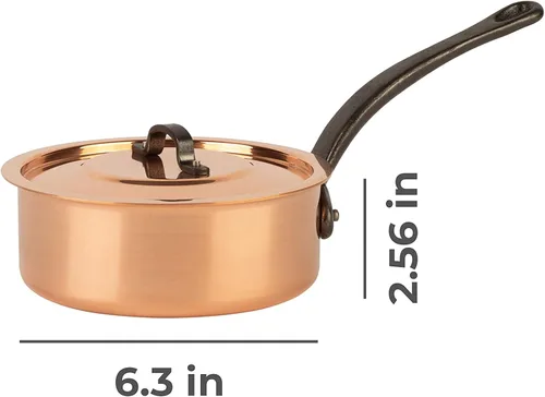 Vista 2 de Sartén de cobre estañado con mango y tapa de hierro fundido sartén tradicional de cobre sólido sartén de Francia con borde alto 1.1 qt