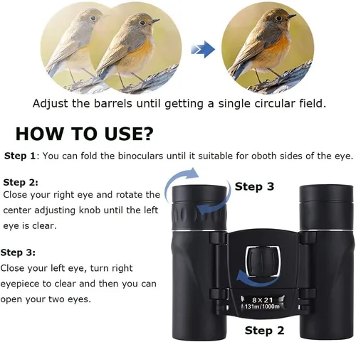 Vista 4 de Binoculares compactos de 8 x 21 para adultos y adolescentes, mini prismáticos ópticos completos pequeños para observación de aves, ópera, Negro