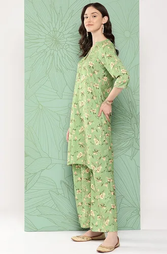 Vista 4 de Janasya Conjunto de coords con estampado floral digital de musgo verde para mujer