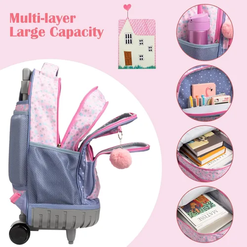 Vista 3 de SKYMOVE Mochila con ruedas de doble asa con múltiples compartimentos de 18 pulgadas para niñas, viaje de negocios, rosa (pink house), Moderno