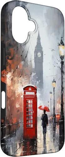 Vista 3 de Funda para iPhone 16 Wet London Iconic Red Phone Booth Clocktower Art Cover Phone Case