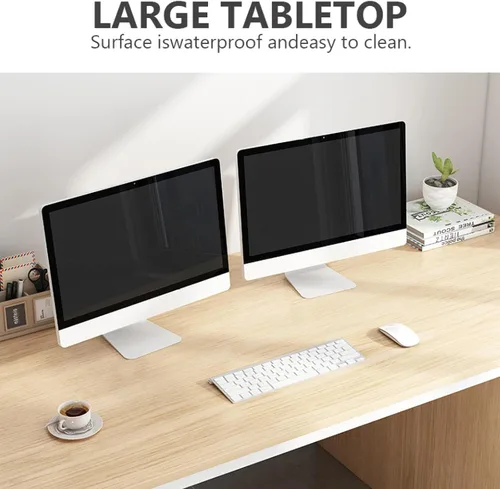 Vista 4 de Escritorio para computadora con estantería y 3 cajones, escritorio de estudio, escritorio de estudio para estudiantes, mesa de estudio moderna