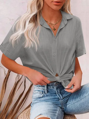 Vista 3 de HOTOUCH Camisa de lino con botones para mujer, de algodón, de manga corta, cuello en V, con botones, para verano y playa