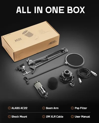 Vista 6 de ALABS Micrófono de condensador XLR, kit profesional de micrófono cardioide de grabación con diafragma de 25 mm para streaming, podcasting, canto