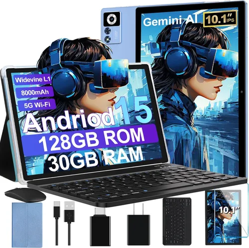 Vista 10 de Tablet Android 15 2025 con teclado Gemini AI, Tablets de electrónica de 30GB+128GB de ocho núcleos con pantalla IPS HD de 10 pulgadas, 8000mAh