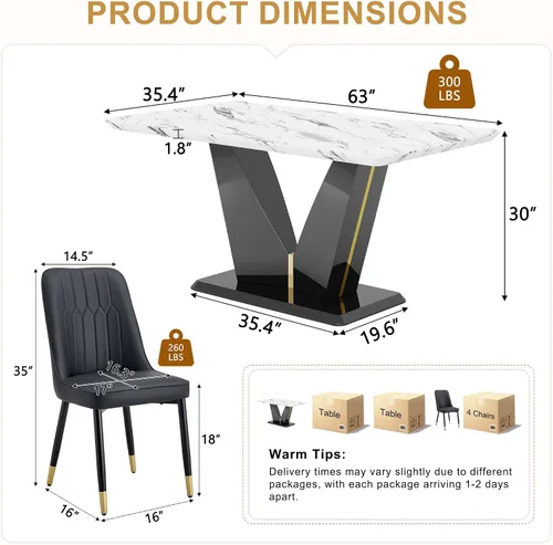 Vista 2 de Juego de mesa de comedor de 5 piezas, juego de mesa de comedor moderno de mármol de 63 pulgadas para 4, juego de mesa de cocina blanca para 4, juego