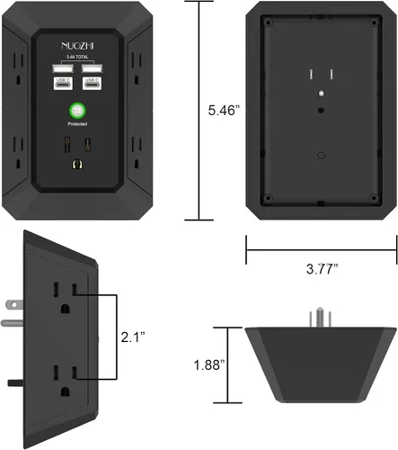 Vista 7 de Cargador de pared, protector de sobretensiones, extensor de 5 salidas con 4 puertos de carga USB (2USB-C), adaptador de enchufe múltiple de 3 lados