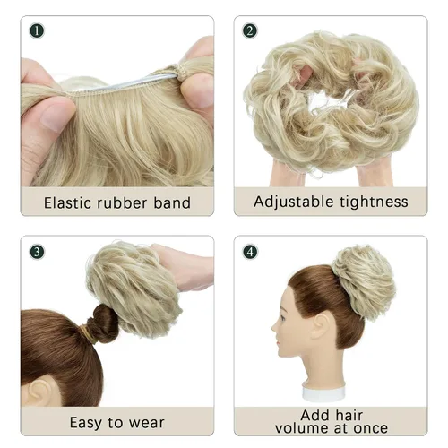 Vista 4 de Hairro Pieza de pelo para mujer, moño desordenado, esponjoso, despeinado, recogido, ombré, coleteros sintéticos, dona, elástico, para boda, novia