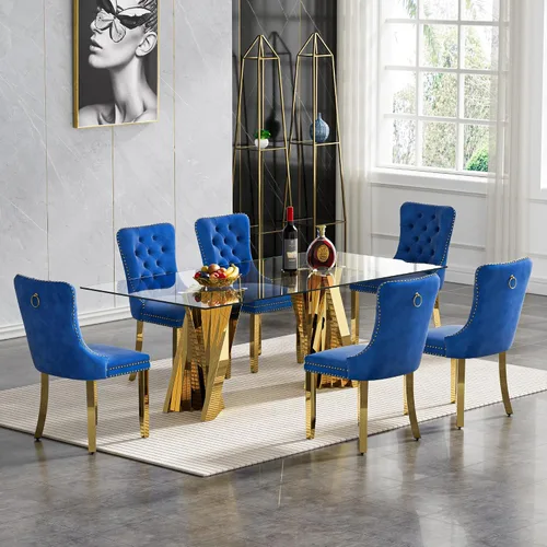 Vista 44 de Juego de mesa de comedor de cristal dorado moderno de 70 pulgadas para 4, juego de mesa rectangular de comedor de cocina de 5 piezas con base