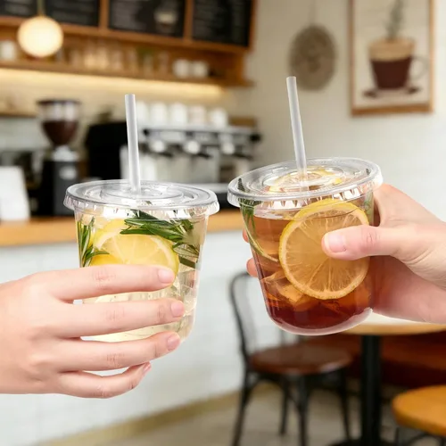 Vista 9 de Juego de 50 tazas de café de plástico transparente de 12 onzas con tapas y pajitas