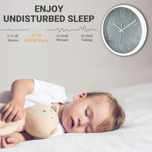 Vista 2 de JUSTUP Reloj de pared silencioso de 12 pulgadas, funciona con pilas, con marco de ABS, cubierta de vidrio HD para niños, sala de estar, dormitorio