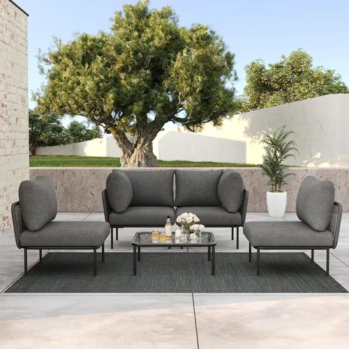 Vista 24 de LayinSun Juego de muebles de patio de aluminio de 7 piezas, sofá modular moderno con mesa auxiliar y cojín de grosor mejorado Gris claro