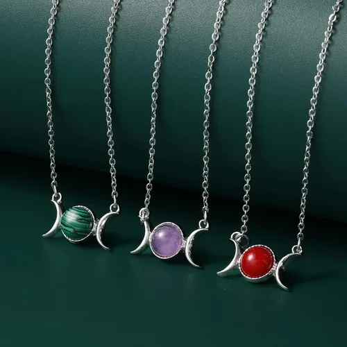 Vista 5 de MISS RIGHT Dainty Triple Moon Goddess Crystal Necklace for Women Men Girls, Crescent Moon Phase Healing Chakra Necklaces Wiccan Birthstone Celestial