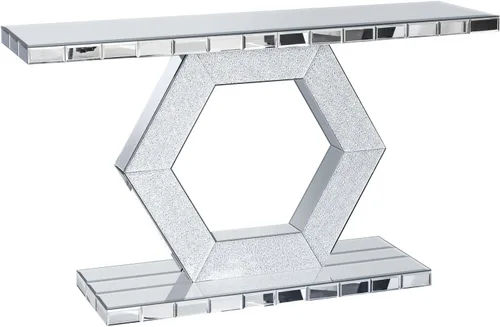 Vista 9 de Mesa consola con espejo de 55 pulgadas, mesa larga para sofá de sala de estar, oficina, detalles de cristal de diseño hexagonal, moderno escritorio