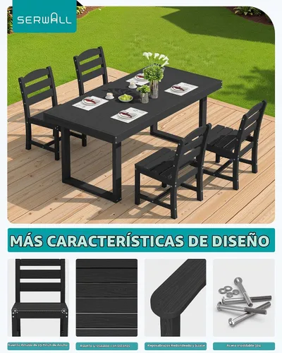 Vista 4 de SERWALL HDPE - Juego de comedor al aire libre para 4, 67 pulgadas, para todo tipo de clima, mesa de comedor y sillas sin brazos para terraza Negro