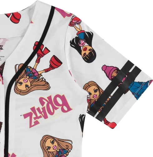 Vista 4 de Bratz Camiseta de béisbol para mujer, diseño de Yasmin, Cloe, Jade y Sasha con botones de malla