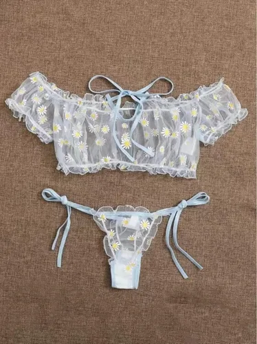 Vista 3 de Women Bra and Panty Set Ruffle Lingerie Dobby Mesh Babydoll Chemise