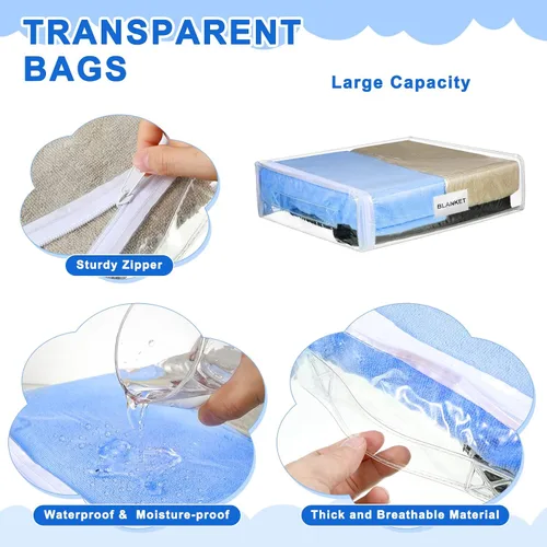 Vista 3 de Kenning Juego de 20 bolsas de almacenamiento de vinilo transparente con cremallera para organizador de sábanas, bolsas de plástico para suéter