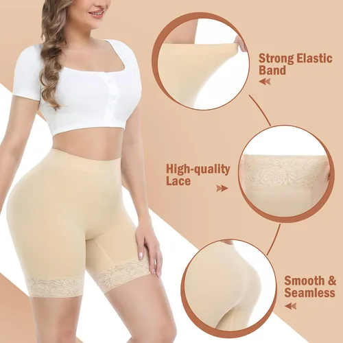 Vista 4 de Yeblues Paquete de 3 pantalones cortos de encaje para debajo de los vestidos, pantalones cortos suaves antirozaduras, ropa interior sin costuras