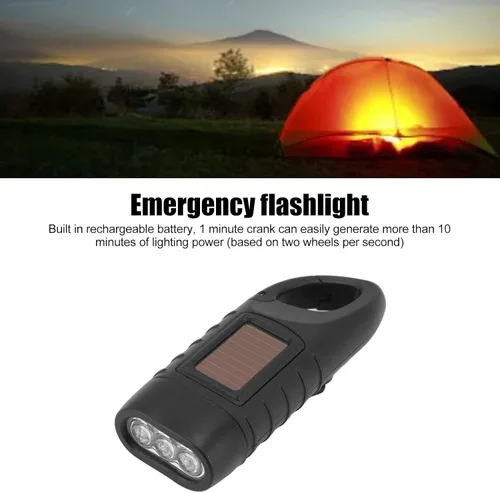 Vista 2 de Hand Crank Solar Flashlight, Rechargeable Survival Light for Outdoor Camping, Hiking, Emergency, Plastic 4.9x1.8in
