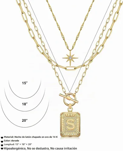 Vista 5 de MJartoria Collares con iniciales en capas para mujer, modernos, chapados en oro de 14 quilates, cadena de papel, collar sencillo con dije de Dorado