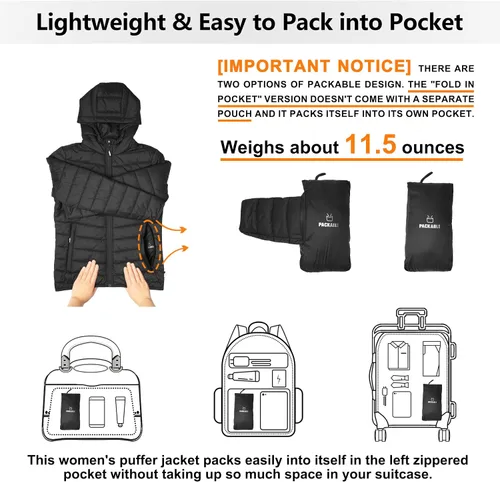 Vista 2 de Outdoor Ventures Chaqueta acolchada ligera con cremallera completa para mujer, abrigo de invierno acolchado con capucha