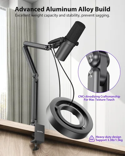 Vista 3 de KU XIU Soporte de micrófono de brazo de aleación de aluminio para escritorio, soporte de brazo de micrófono ajustable de tres secciones con canales