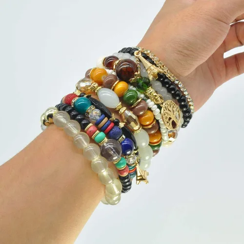 Vista 4 de Conjuntos de pulseras bohemias para mujer, 6 juegos de pulseras elásticas apilables multicolor, estilo hippie, joyas finas