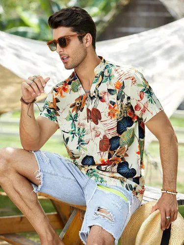 Vista 4 de Floerns Camisa de playa hawaiana de manga corta con botones para hombre