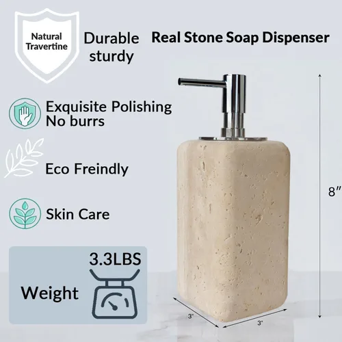 Vista 9 de Dispensador de jabón de travertino, accesorios de baño, dispensador de loción de piedra cuadrada orgánica natural prémium con bomba de metal